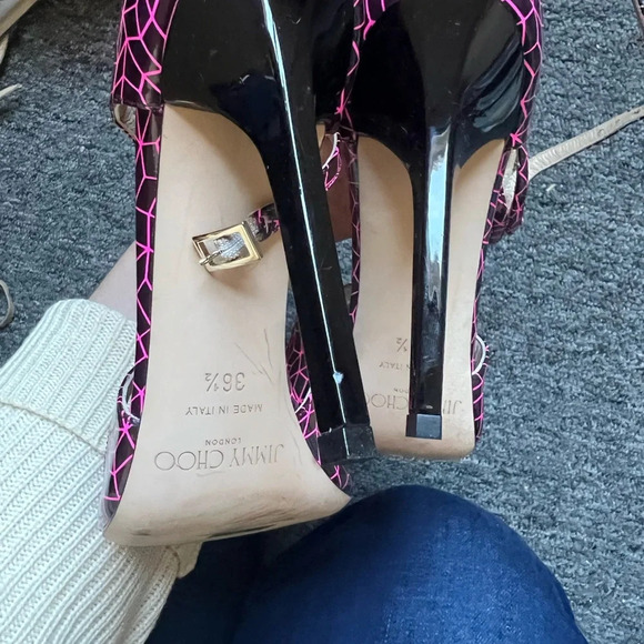 Jimmy Choo Pink and Black Print Patent Lance Strappy Sandals Size 36.5 - Picture 7 of 9
